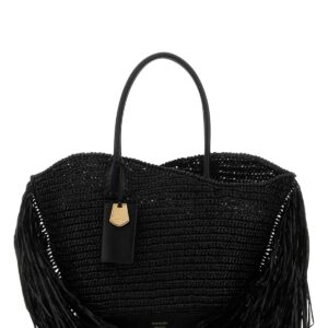 Black raffia and leather big shopping bag