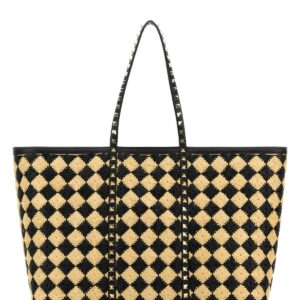 Embroidered raffia Rockstud shopping bag