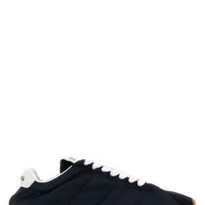 Navy blue fabric and suede sneakers