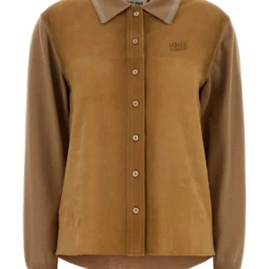 Camel wool and suede cardigan