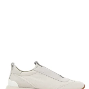 Light grey fabric slip ons