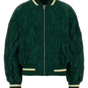 Dark green tech fabric bomber jacket