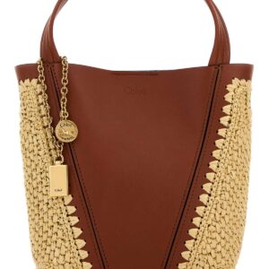 Two-tone leather and raffia bucket bag