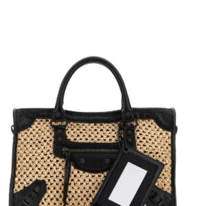 Two-tone raffia and leather small Le City handbag