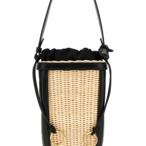 Two-tone wicker and leather small bucket bag