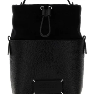 Black leather and fabric small 5AC bucket bag