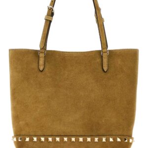 Beige suede small Rockstud bucket bag