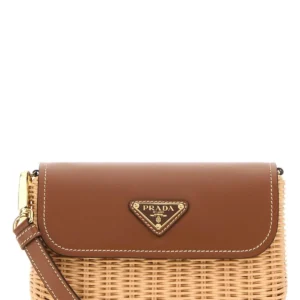 Two-tone wicker and leather crossbody bag